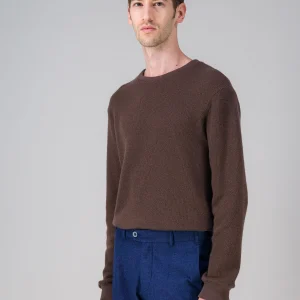 Pull col rond laine recyclée japonaise marron