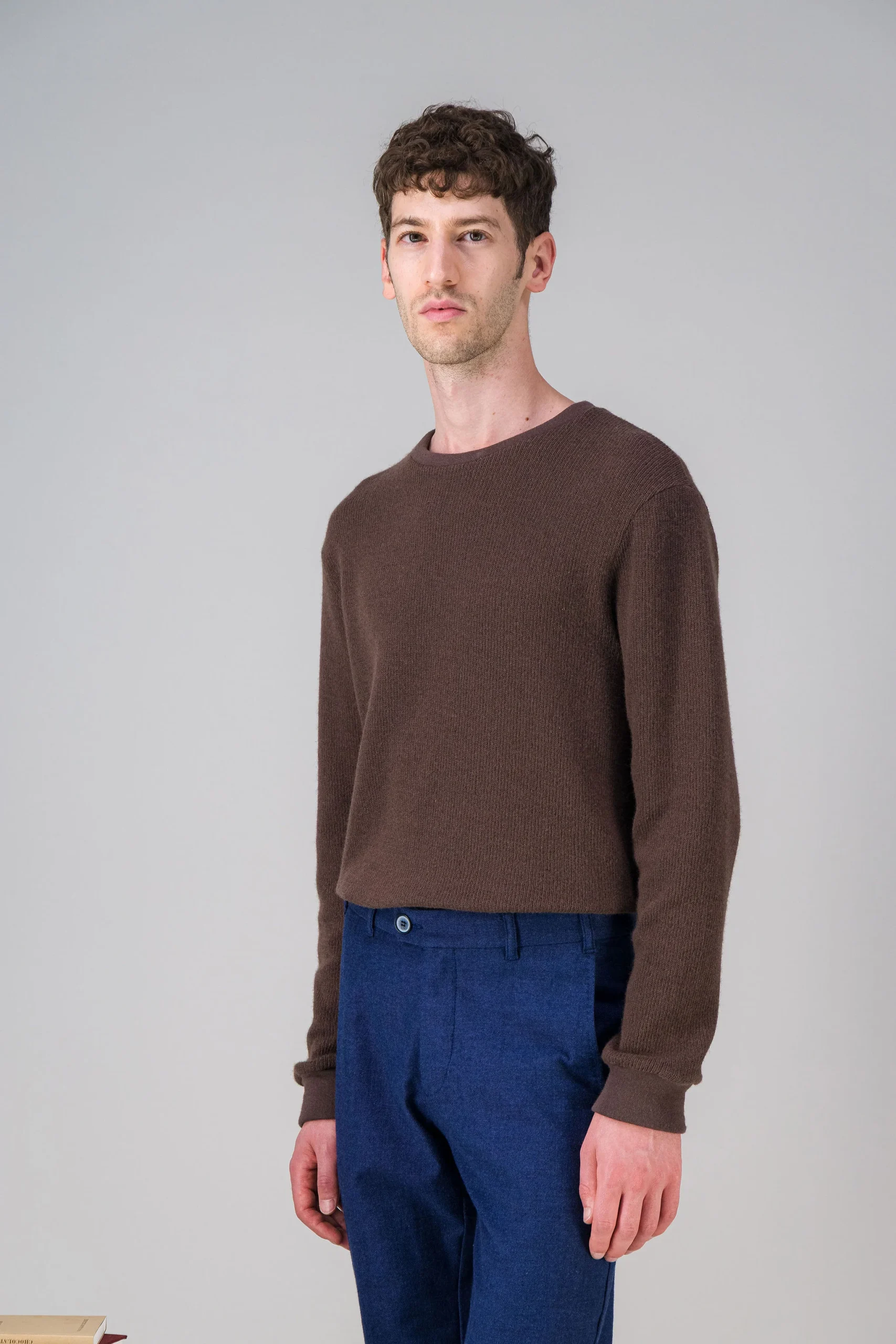 Pull col rond laine recyclée japonaise marron