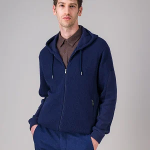Pull zippé marine capuche en laine recyclée japonaise