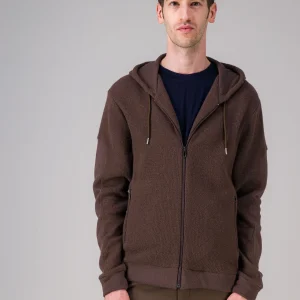 Pull zippé marron capuche en laine recyclée japonaise