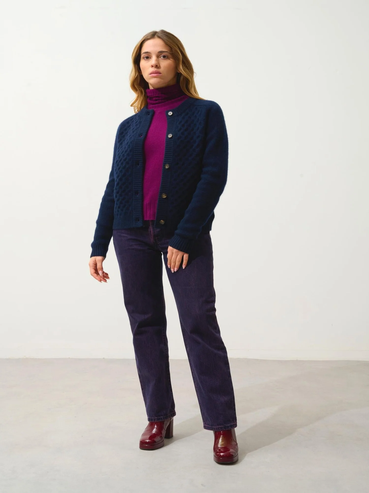 JINPA cardigan col rond 8 fils navy 100% cachemire