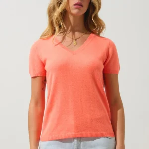 KALI t-shirt col v orange fluo 100% cachemire