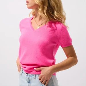 KALI t-shirt col v rose fluo 100% cachemire