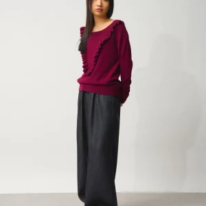 KNOTT pull col rond volants devant bordeaux 100% cachemire