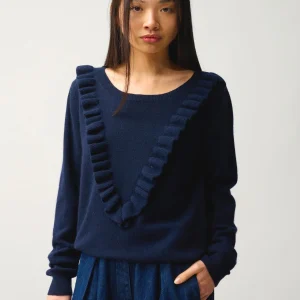 KNOTT pull col rond volants devant navy 100% cachemire