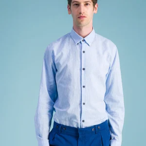 Chemise lin bleu ciel chiné