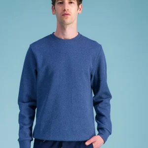 Sweat col rond coton nid d'abeille bleu chiné