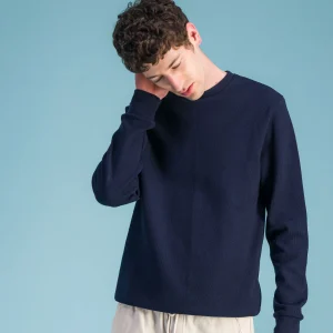 Sweat col rond coton nid d'abeille marine