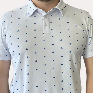 HB Fusion Polo de Golf homme Blanc Triangles Bleu Marine SS25