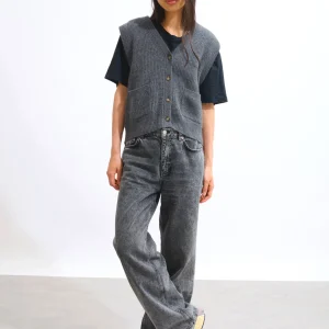 ROSAVIA cardigan col v sans manches 4 fils anthracite chiné 100% cachemire