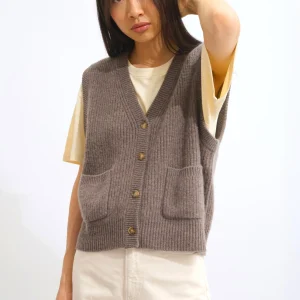 ROSAVIA cardigan col v sans manches 4 fils taupe chiné 100% cachemire