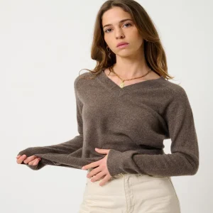 SAVANNAH pull col v taupe chiné 100% cachemire