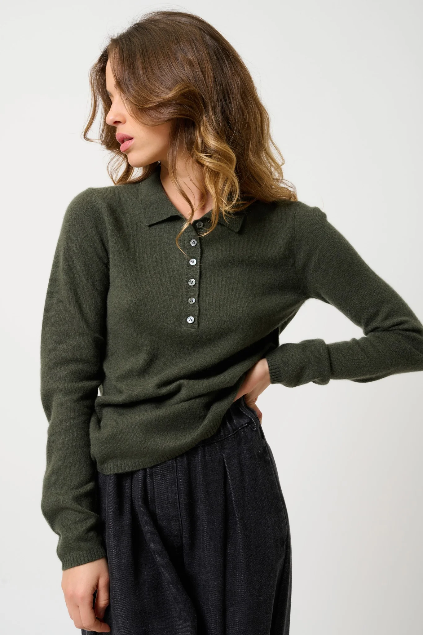 SLIEVE polo manches longues kaki 100% cachemire