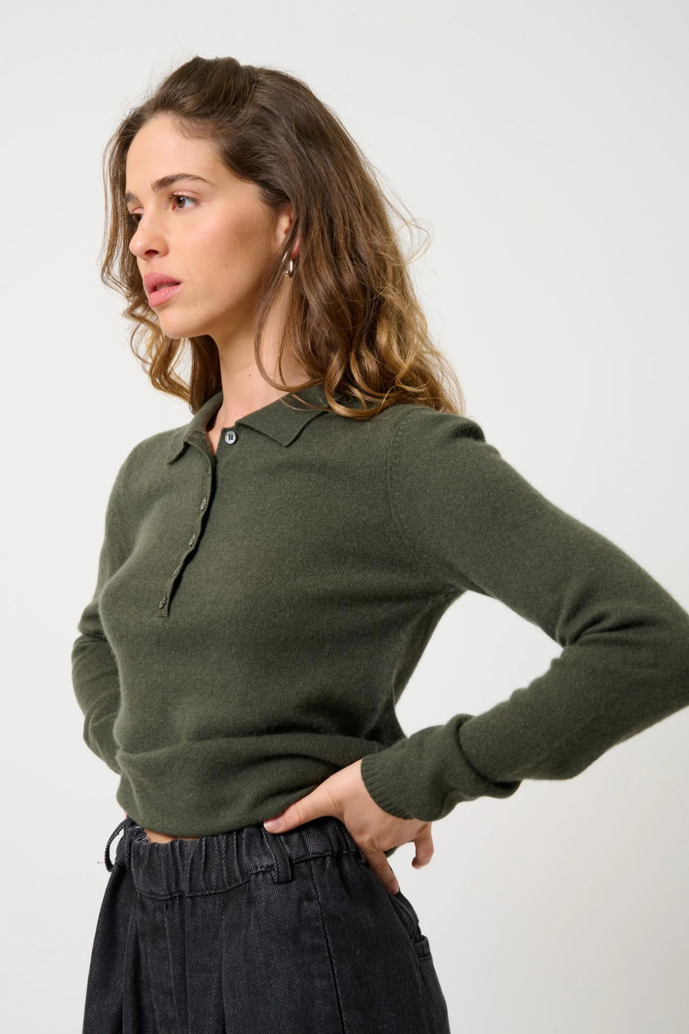 SLIEVE polo manches longues kaki 100% cachemire – Image 3