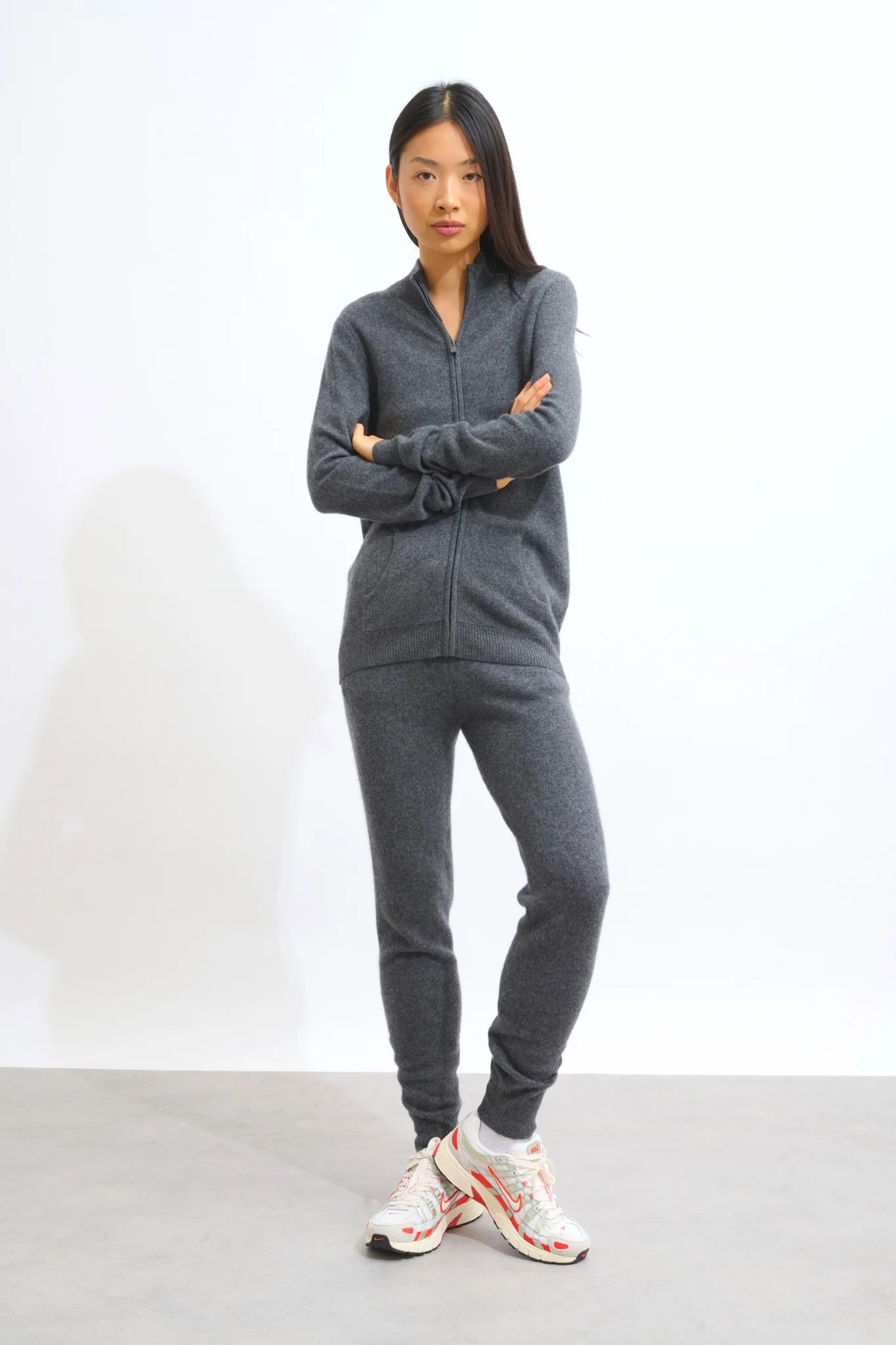 THALUN gilet zippé col montant anthracite chiné 100% cachemire